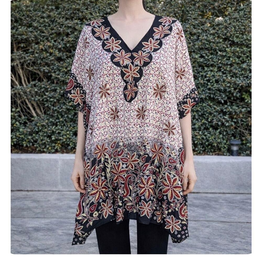 Ganesh Brown Neural Rhinestone Floral Caftan Dress